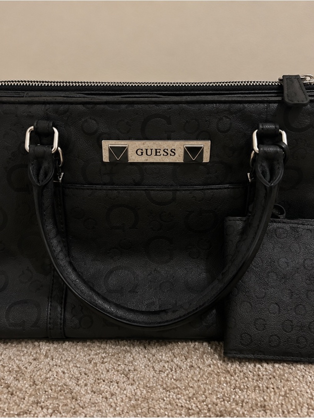 Guess Black Logo-Embossed Satchel with Silver Plate